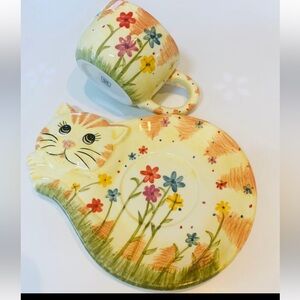 Vintage Ceramic Mug and Saucer, Tabby Cat Floral Design, New in Box 🐈🐈